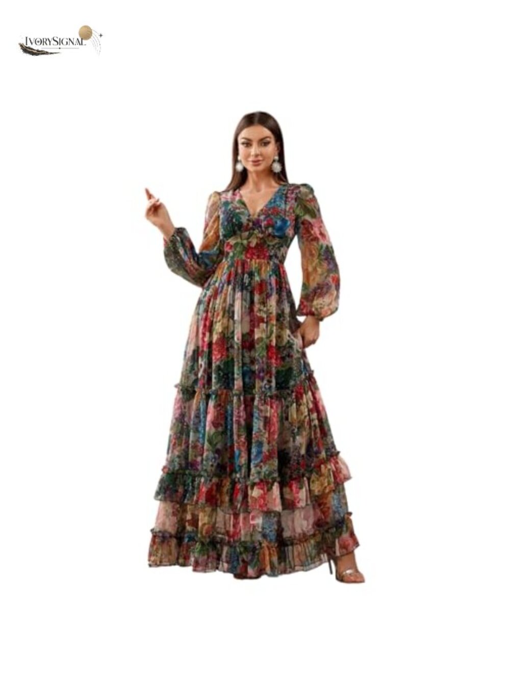 Womens Floral Maxi Dress Long Sleeve V-Neck Boho Cocktail Wedding Guest